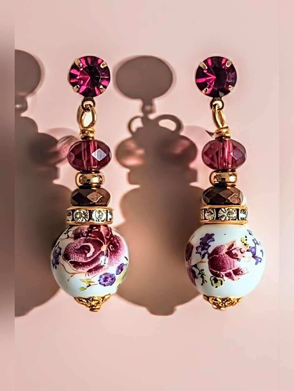 Victorian Red Roses Porcelain & Glass In Cottagecore Drop Earrings Gold Plated